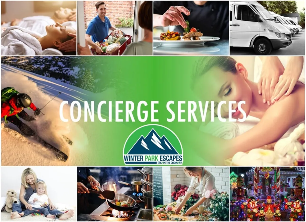 A vibrant collage of luxury experiences: a concierge hands over ski equipment, a chef prepares gourmet food, a spa treatment and festive family activities are depicted against cozy, elegant decor. This image conveys a spectrum of high-touch, personalized services available for guests.