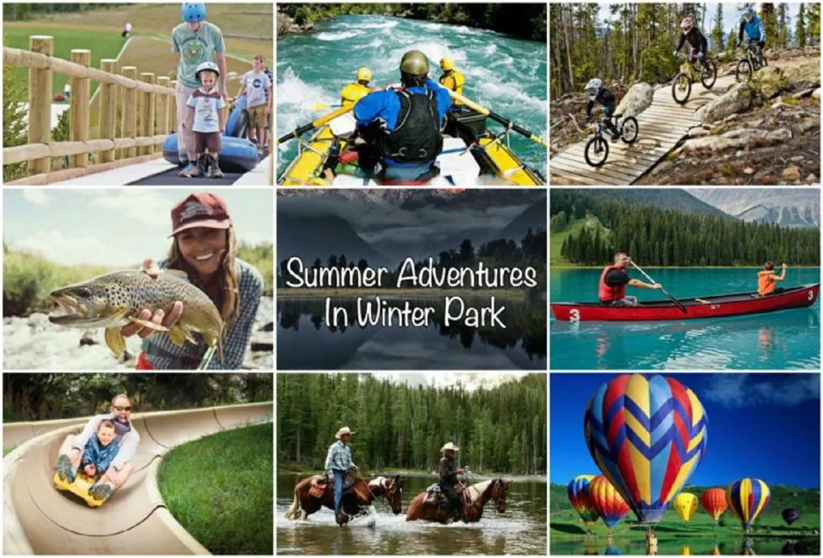 A vibrant collage of families and friends enjoying outdoor summer adventures: white-water rafting through rapids, biking scenic trails, fishing in peaceful waters, children on a slide, horseback riding, kayaking, and colorful hot air balloons floating above lush landscapes.