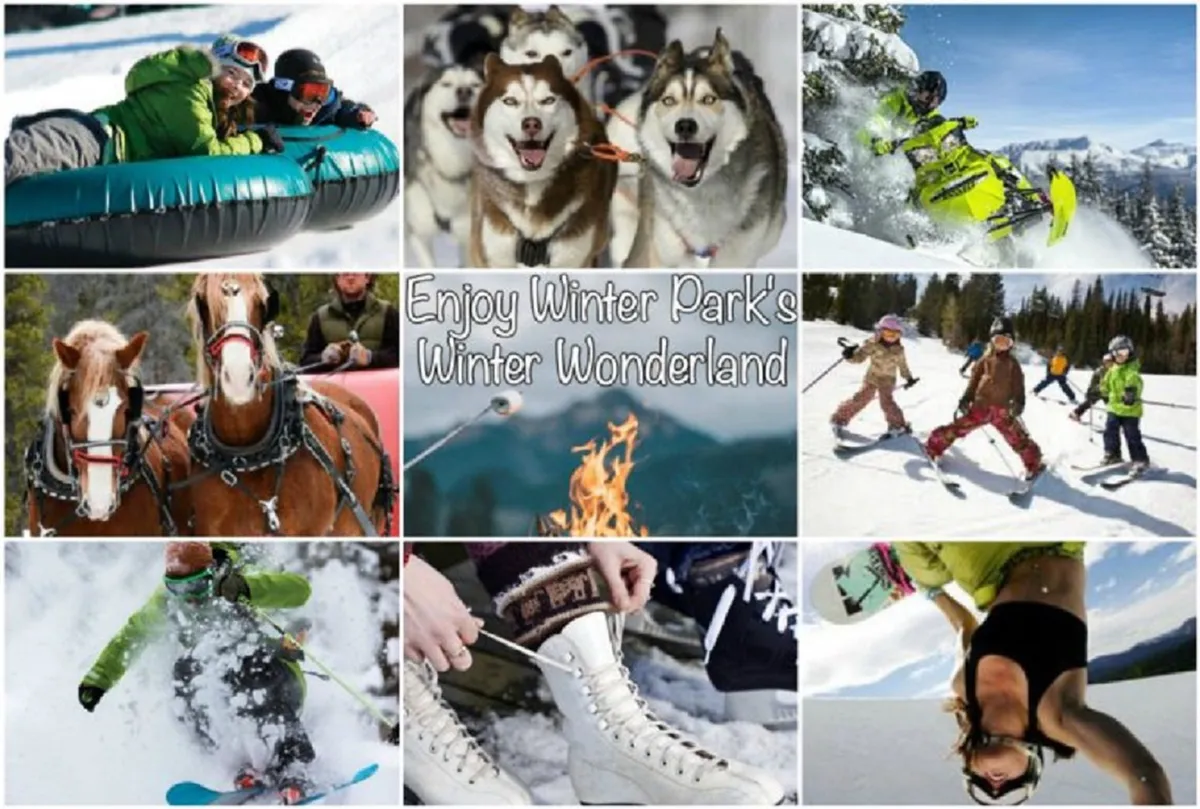 A lively winter scene outdoors, featuring people snow tubing, huskies ready for dog sledding, snowmobiles in action, horses, a group gathered around a campfire, skiing children, a skier mid-descent, an ice skater, and a snowboarder—all set against a snowy landscape.